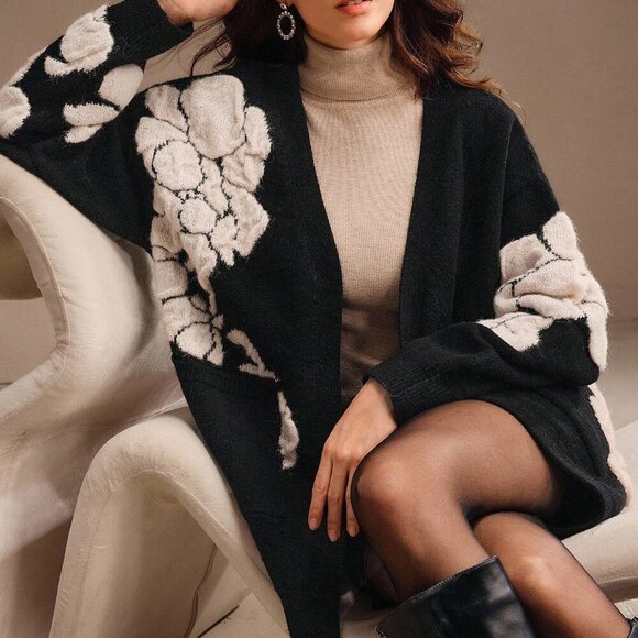Sweaters - Black Casual Women's Elegant Loose Fit Jacquard Floral Cardigan, Mid-Length